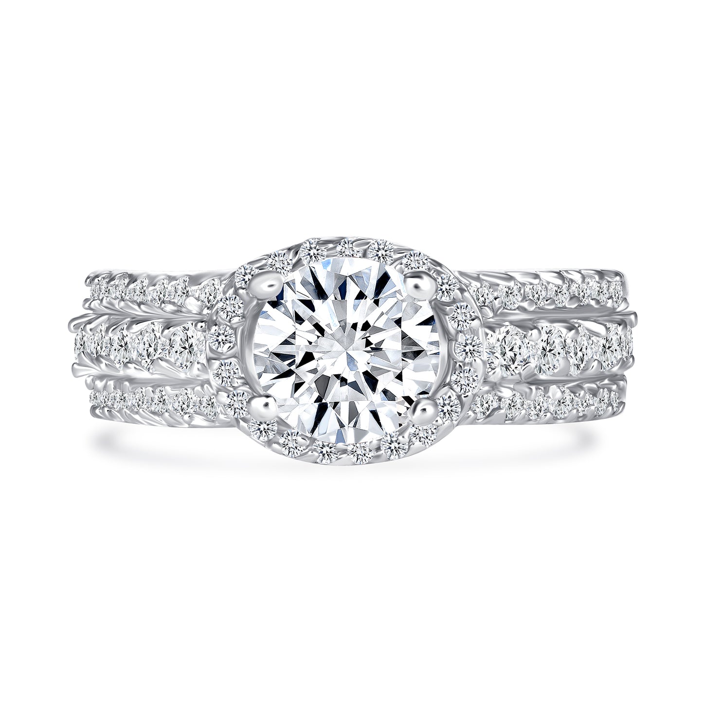 Halo Engagement Ring Three Row Diamond Band