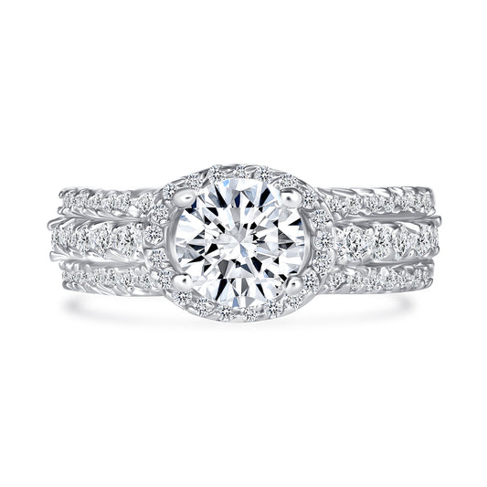 Halo Engagement Ring Three Row Diamond Band