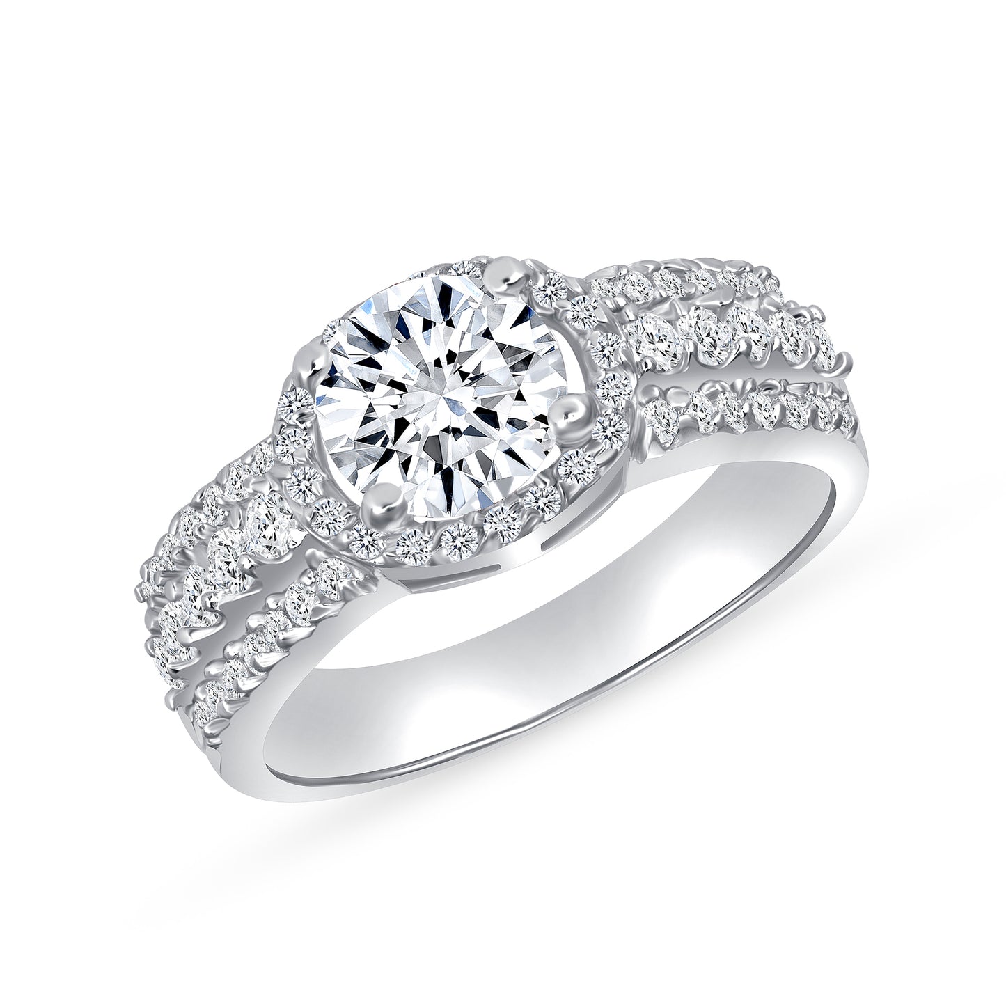 Halo Engagement Ring Three Row Diamond Band